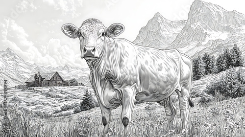 Pen and Ink Drawing of a Cow in an Alpine Meadow