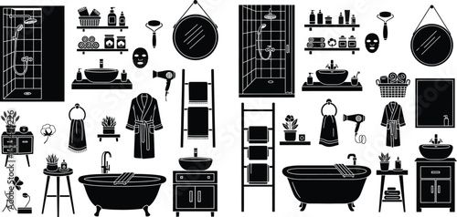Bathroom silhouette illustration set featuring a shower, bathtub, sink, and other bathroom essentials