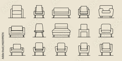 Different upholstered furniture set. Outline icons. Simple plan seat collection, sofa couch, chair, bed, armchair, for design interior and architectural project