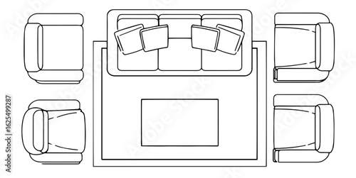 Different upholstered furniture set. Outline icons. Simple plan seat collection, sofa couch, armchairs, for design interior and architectural project
