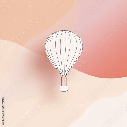 Minimalist line art hot air balloon illustration with soft pastel background and abstract shapes