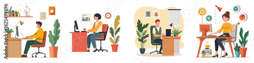 Illustrations of people working at home desks with indoor plants  
