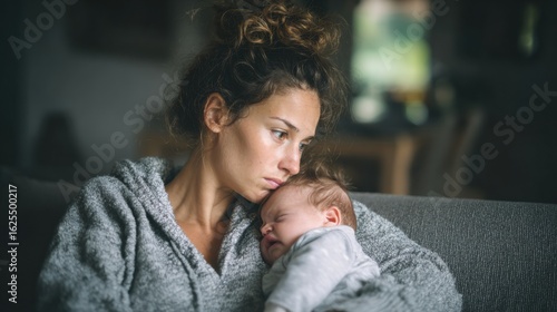 Close-up of a stressed young mother holding her sleeping newborn baby on a sofa in a dark, intimate setting.