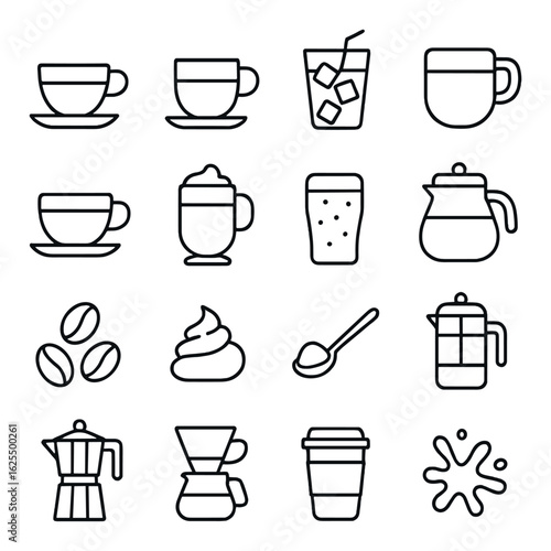 Coffee linear icons set. including cup, mug, iced drink, coffee beans, espresso machine, press, and more.