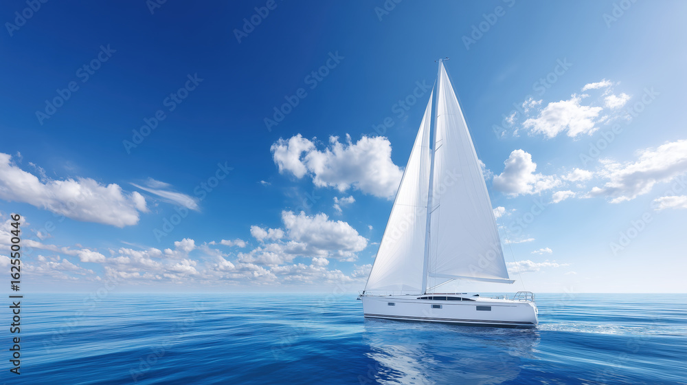 Obraz premium Sailboat gliding across calm ocean waters under a bright blue sky with fluffy clouds
