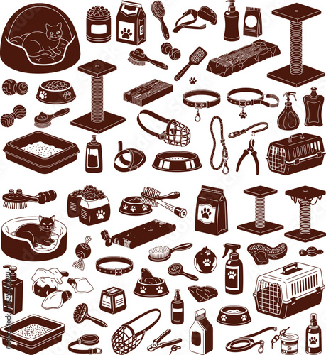 Collection of pet care accessories, supplies, and items for cat and dog owners