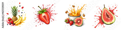 Colorful fruit splashes including pineapple, strawberry, and watermelon  