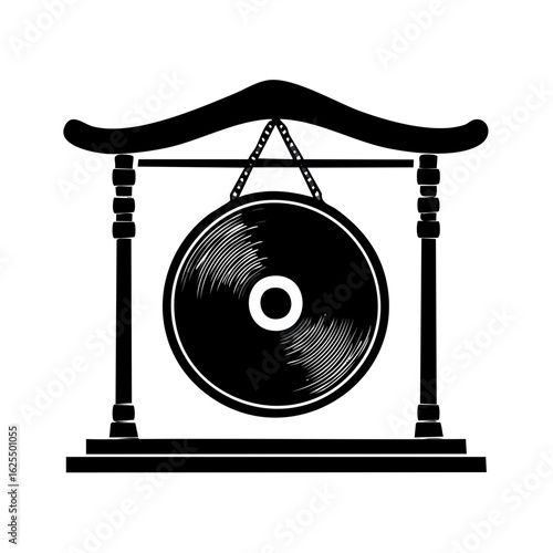 Traditional Asian style musical gong hanging on decorative stand black and white illustration cultural instrument icon