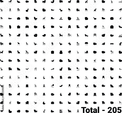 Collection of two hundred five chair silhouette illustrations for furniture design projects