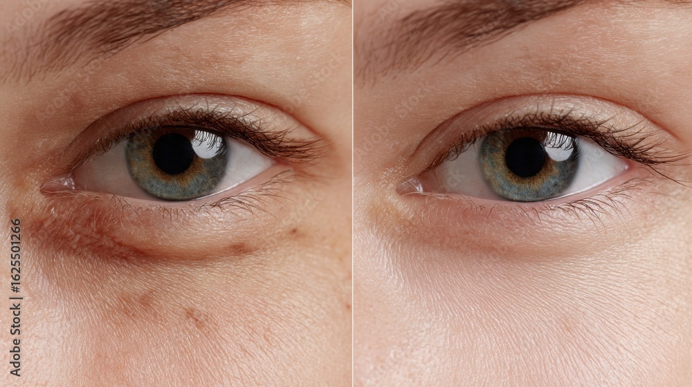 Fototapeta premium Close-up split-screen showing facial skin before and after treatment: left side with visible pigmentation spots, right side clear and even-toned