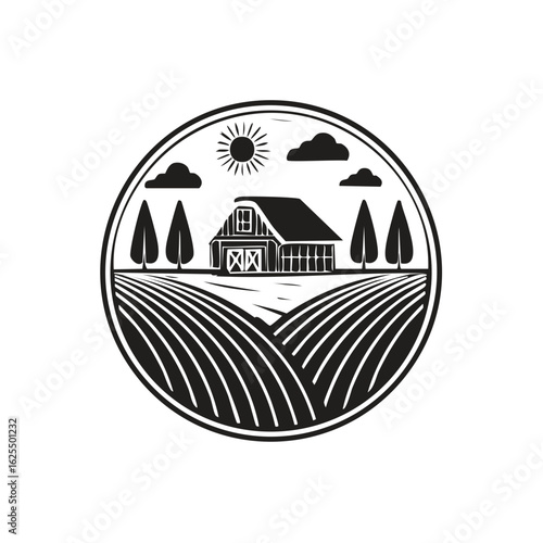 Rustic barn and farmland illustration with sun and trees in a circular emblem