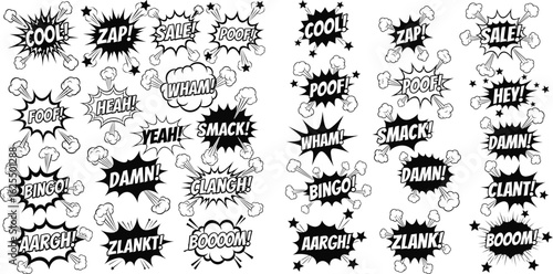 Comic speech bubble set with explosion shapes and halftone smoke effect elements