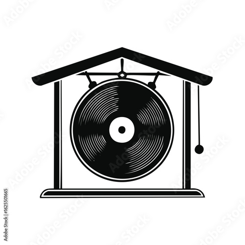 Stylized gong and mallet in a traditional stand featuring a unique record disc design