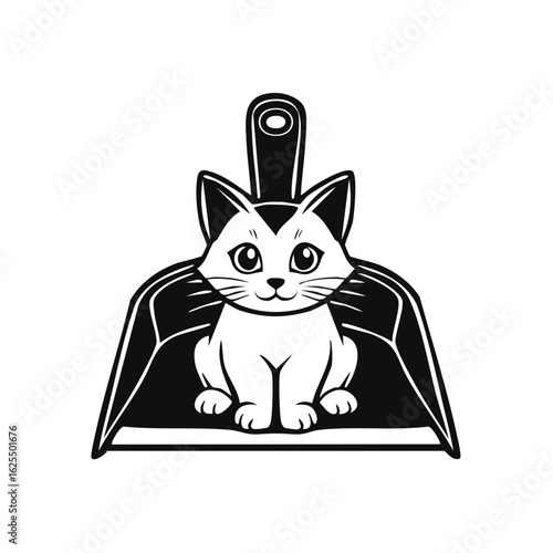 A Cute Cartoon Cat Sitting in a Black and White Dustpan Waiting Patiently