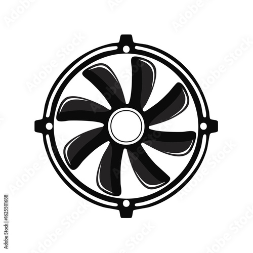 Black and white computer cooling fan icon or graphic symbol for PC building and electronic thermal management.