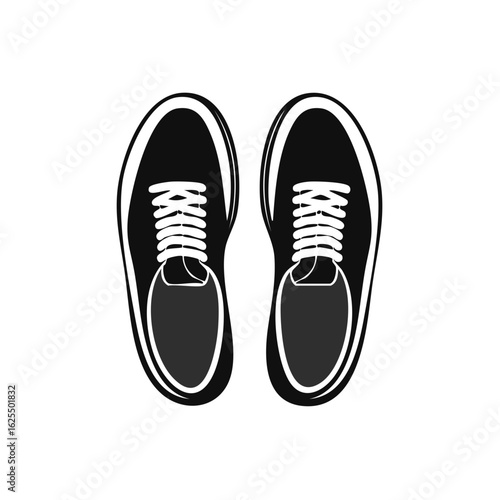 Overhead View Black and White Athletic Sneakers Flat Vector Illustration Design
