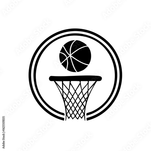 Black and white illustration of a basketball going into a hoop within a circle