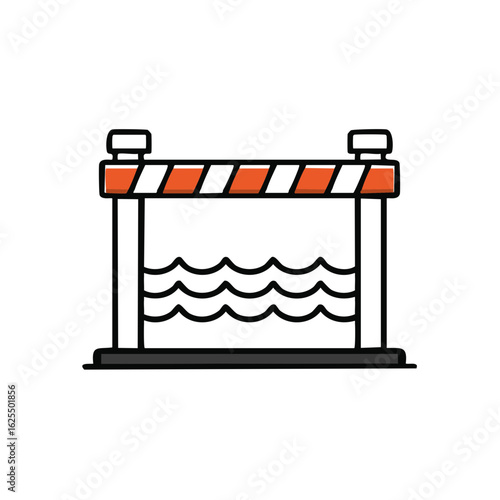 Road closed due to flooding warning sign with a striped barricade over rising water