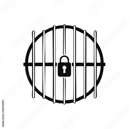 Circular prison bars with locked padlock icon representing security and confinement