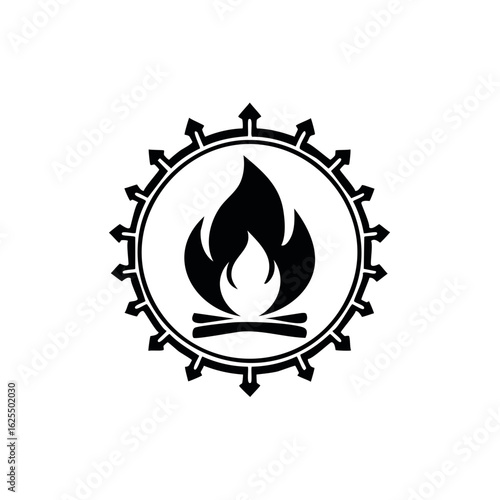 Monochrome Flame Icon with Sharp Circle, Campfire Vector Logo Illustration