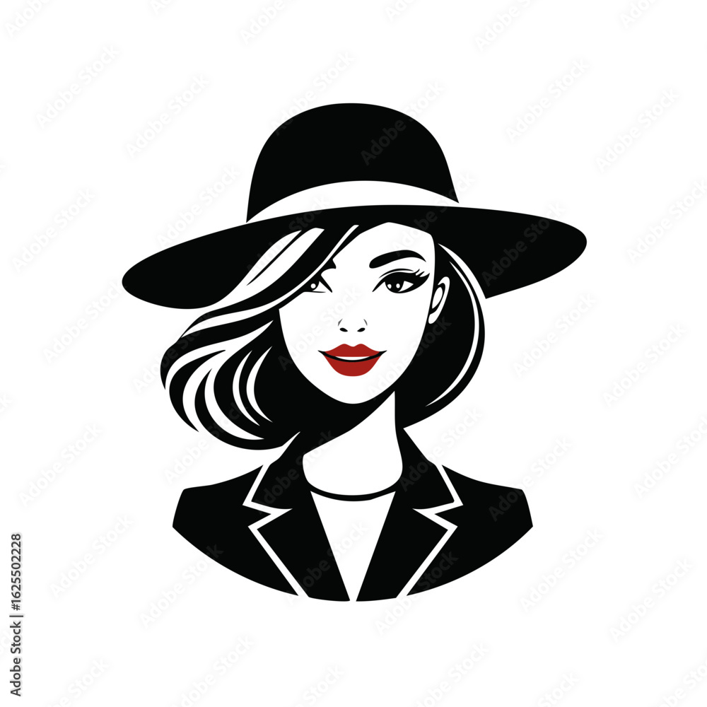 Elegant Woman Portrait Wearing Wide Brim Hat and Blazer, Fashionable Lady Silhouette, Business Attire Icon Elegant Woman Portrait Wearing Wide Brim Hat and Blazer, Fashionable Lady Silhouette, Business Attire Icon
