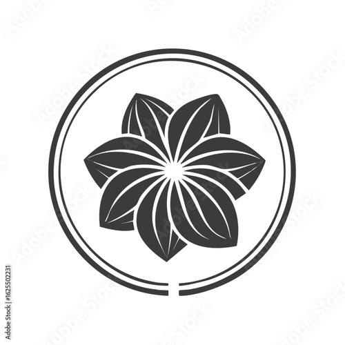 Minimalist floral icon within decorative circle design featuring petal symmetry for product branding and emblem creation