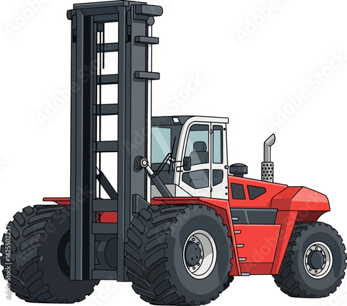 Powerful red and gray industrial forklift with tall mast, large tires, and spacious cabin.