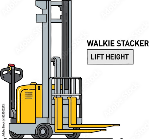 Walkie stacker forklift illustration showing lift height and operational details.