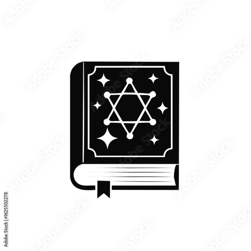 Ancient magic book icon with a mystical Star of David symbol on the cover. Black silhouette of a grimoire or spellbook.