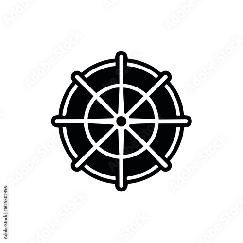 Dharma wheel Buddhist spiritual icon black and white vector symbol