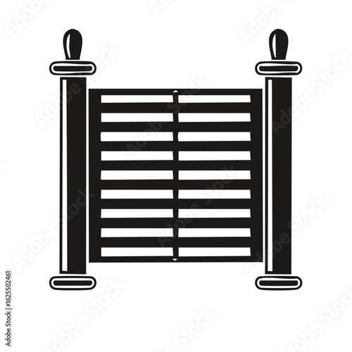 Black and white illustration of a gate with horizontal slats and decorative posts