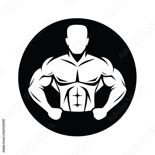 Muscular bodybuilder with defined abs and arms flexing in a circular emblem