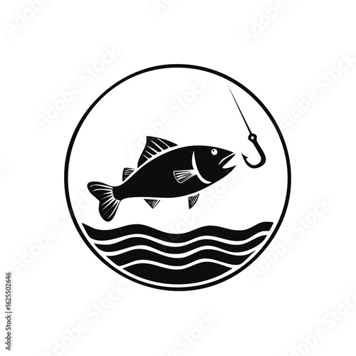Minimalist fishing sport logo with a fish swimming towards a hook, black and white round emblem icon