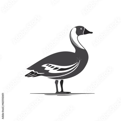 Stylized silhouette of a goose standing with its head turned to the right