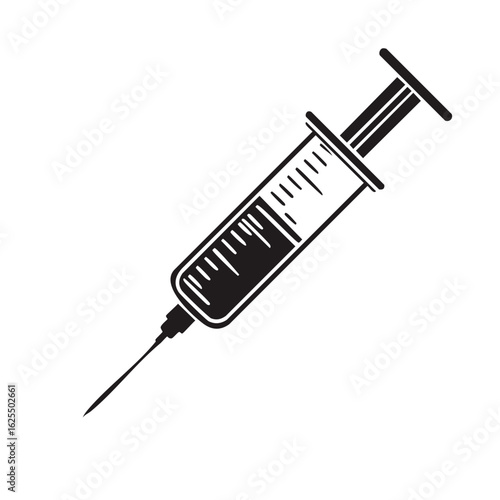 Black and white medical syringe icon with needle and liquid for healthcare and vaccination concepts