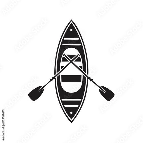 Minimalist black silhouette of a single canoe or kayak with crossed paddles for water sport