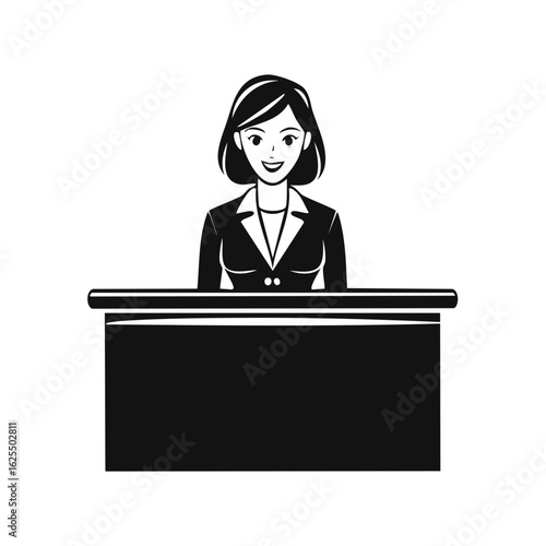 Professional Woman in Suit Standing Behind Reception Desk and Smiling
