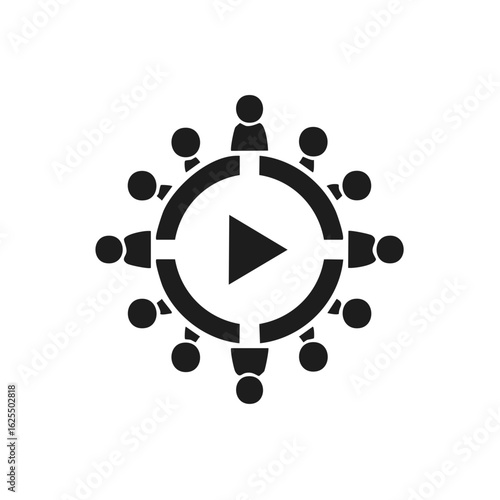 Conference call or webinar symbol featuring people around a circle with a play button