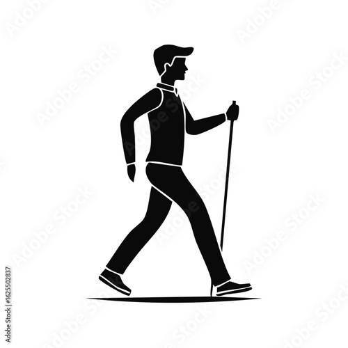 Stylized silhouette icon of an active person Nordic walking with a pole engaged in outdoor fitness exercise