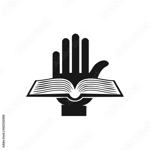 Raised hand holding an open book, a graphic symbol for knowledge or an oath
