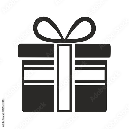 Simple black and white icon of a gift box with a ribbon and bow