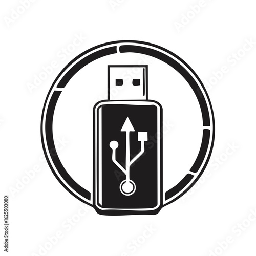 Black USB Flash Drive Icon within a Circular Frame Computer Connectivity Device