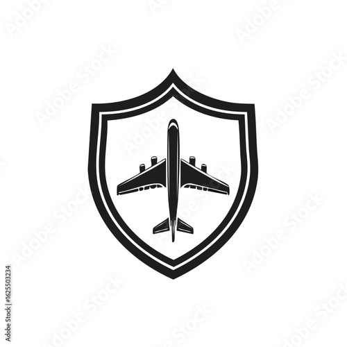 Airplane within a shield emblem symbolizing aviation security and protection