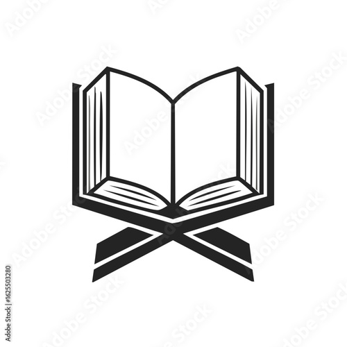 Open holy book resting on a rehal stand, a traditional Islamic religious scripture symbol vector icon