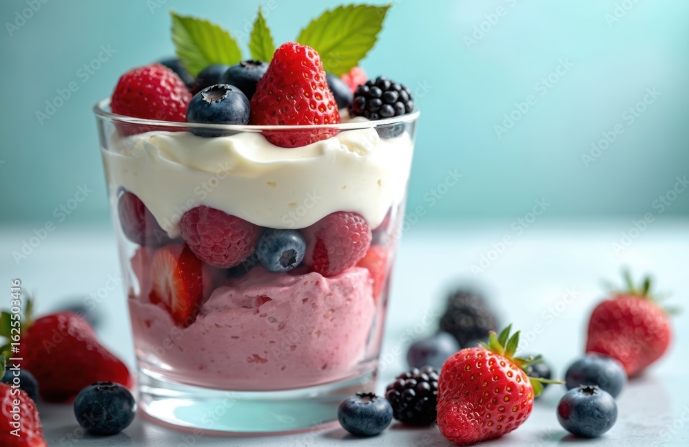 Layered dessert parfait in glass cup featuring fresh strawberries blueberries raspberries, blackberries with whipped cream topping, mint sprig garnish. Sweet fruit treat arranged beautifully on white Layered dessert parfait in glass cup featuring fresh strawberries blueberries raspberries, blackberries with whipped cream topping, mint sprig garnish. Sweet fruit treat arranged beautifully on white