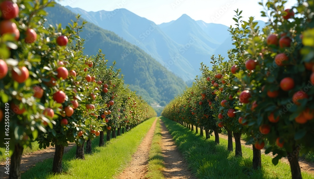 Fototapeta premium Apple orchard rows heavy with ripe fruit stretch towards majestic mountains under golden hour sunlight. Idyllic agricultural landscape offers scenic view of countryside life, fresh produce, tranquil