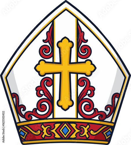 Ornate Bishop’s Mitre Vector Illustration – Catholic Headdress with Decorative Cross and Baroque Details