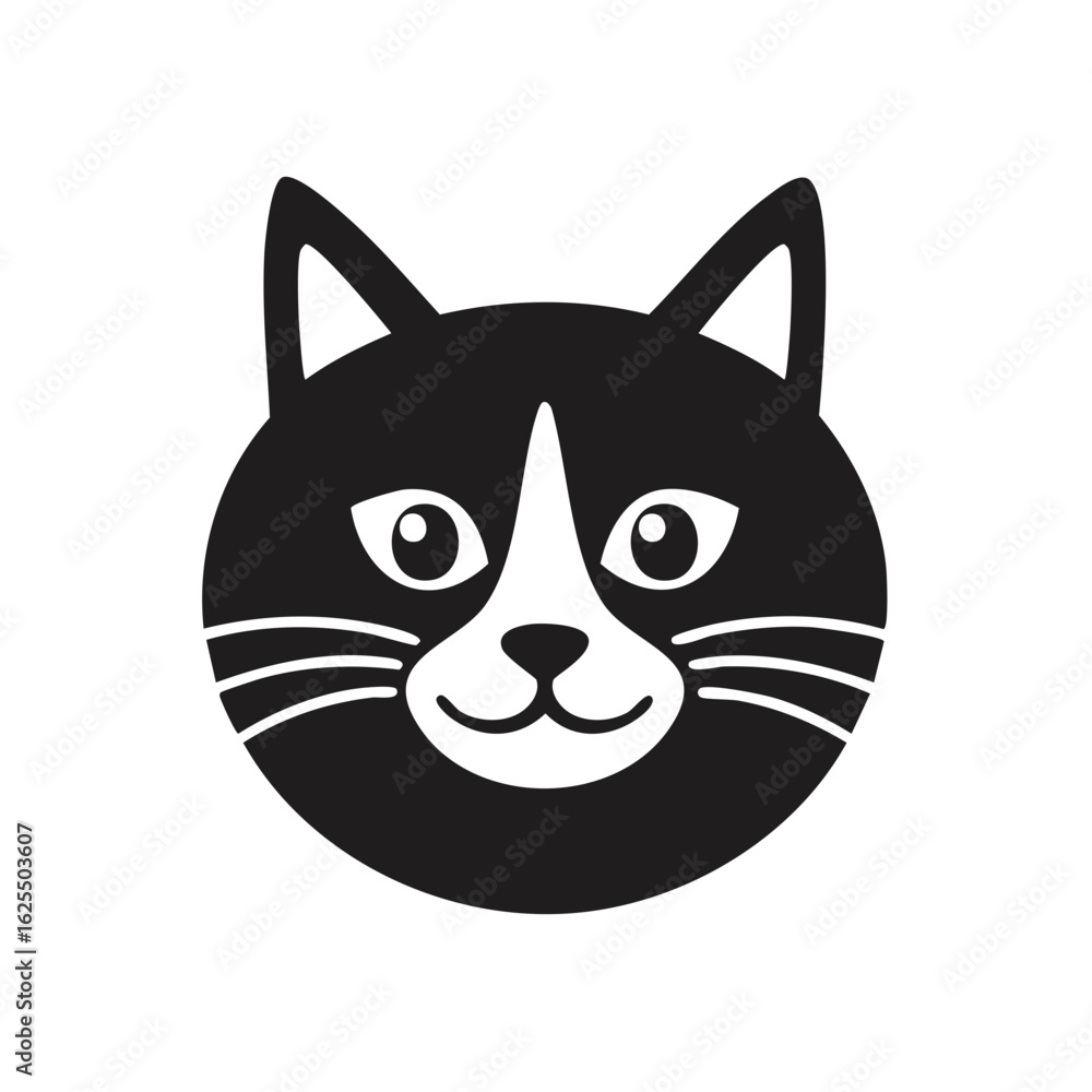 Simple cartoon black and white cat face illustration with whiskers Simple cartoon black and white cat face illustration with whiskers