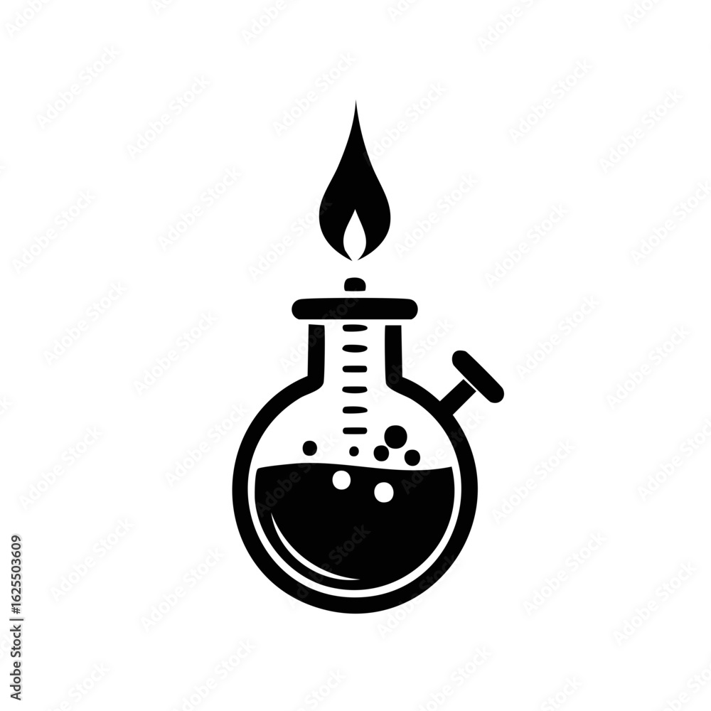 Obraz premium Laboratory setup, round flask, burner flame, bubbles in liquid, scientific chemistry, glassware research tool for experiments