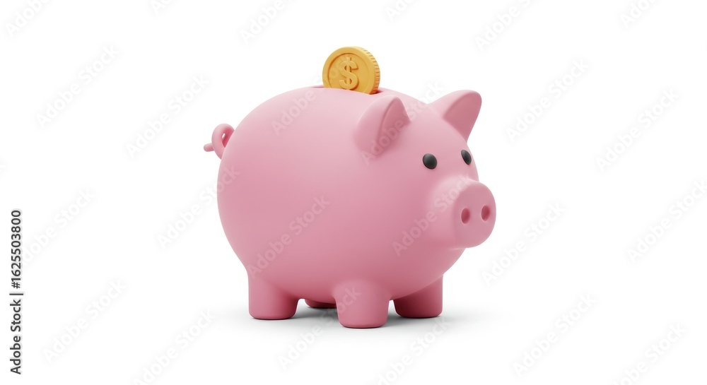 Pink Piggy Bank with Golden Dollar Coin on White Background, Savings Concept Pink Piggy Bank with Golden Dollar Coin on White Background, Savings Concept
